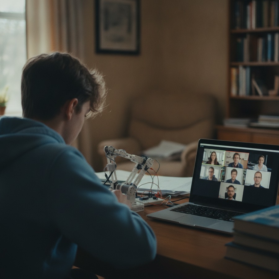 A student demonstrates a robot arm to judges on a video call