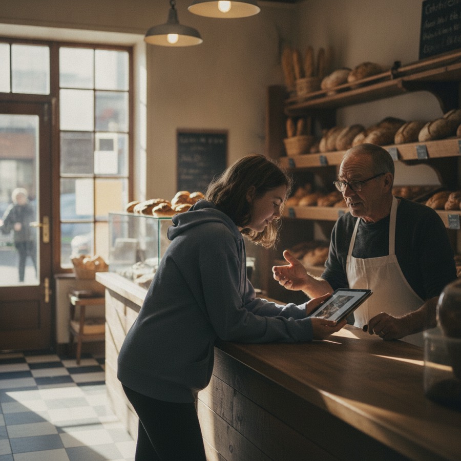 A student shows a bakery owner something on a tablet