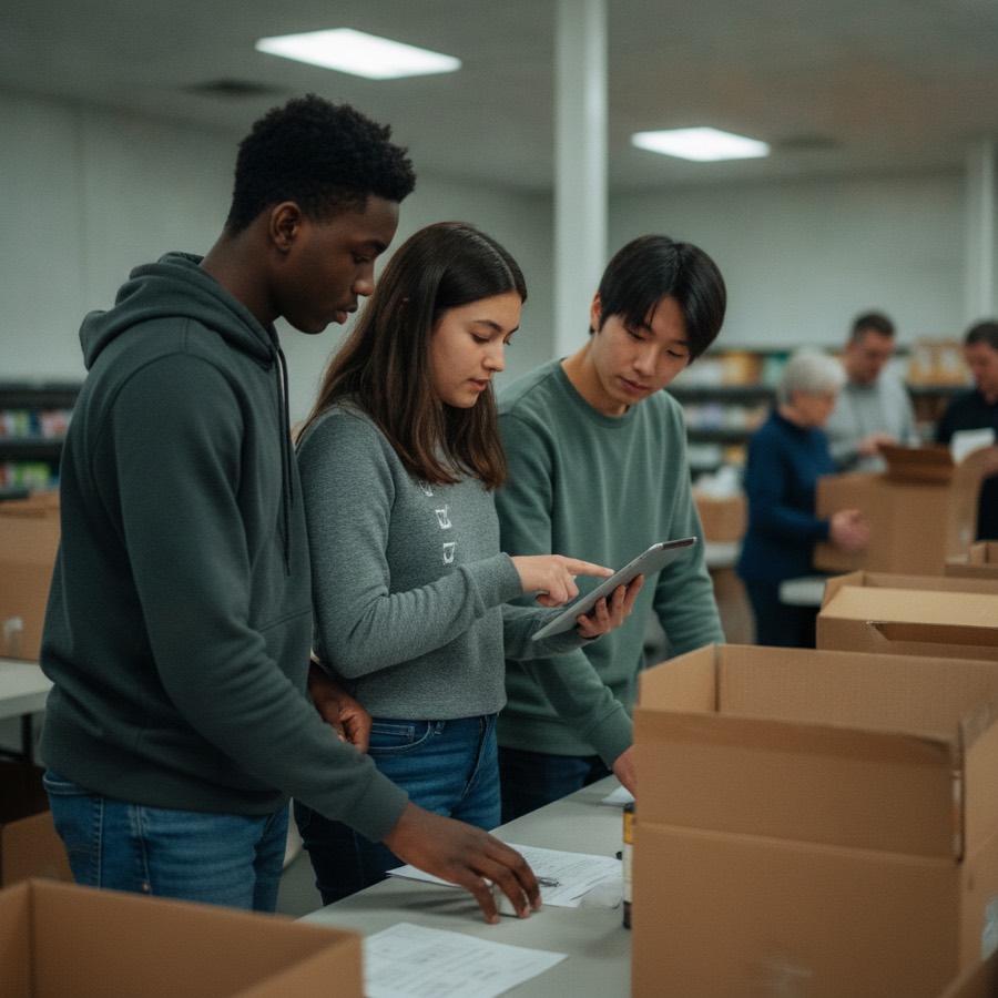 Students sort donation boxes at a food bank with a tablet