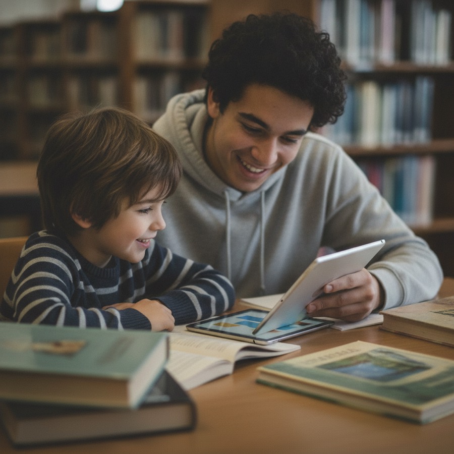 A teenager tutors a younger child with a tablet in a library
