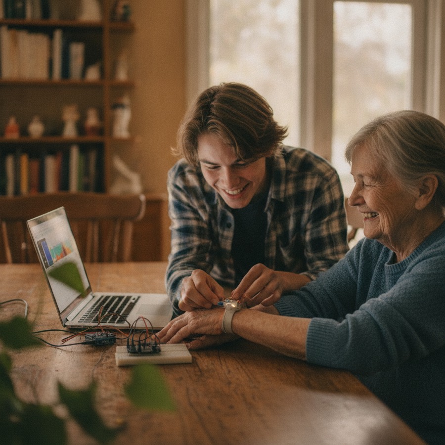 A teenager fits a home-built wrist sensor on his grandmother